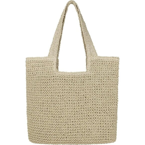 Handbags - Women's A Beige Large Straw Beach Bag Handmade Woven Shoulder Hobo Tote Handbag